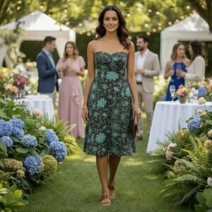 Strapless Floral Dress Brown Teal Fit Flare Midi Wedding Guest Size 4‎